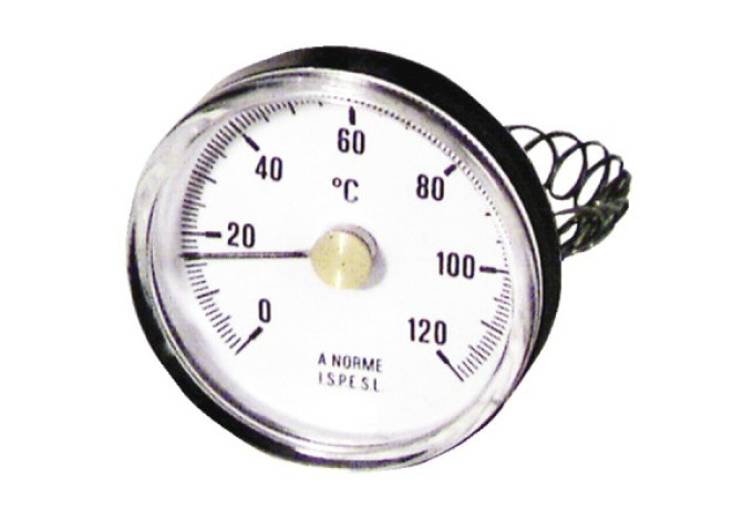 Teplomer 0-120°C, 63mm s upevňovacou pružinou na potrubie Teplomer 0-120°C, 63mm s upevňovacou pružinou na potrubie